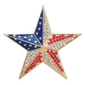 Patriotic American Flag Star Brooch, Featuring Red, White & Blue Rhinestones